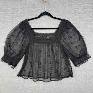 Gap Sheer Mesh Lace Square Neck Top Women M Black Puff Sleeve Coquette Boho